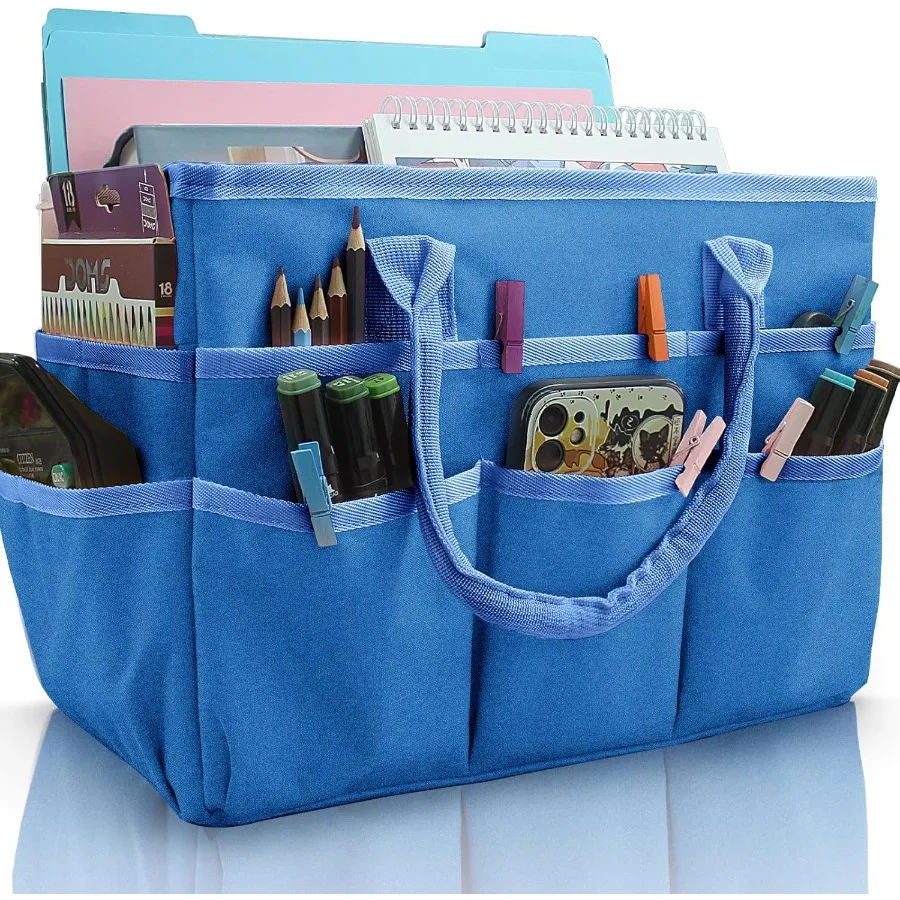 포켓과 손잡이가 있는 아트 오거나이저 공예품 보관 토트백, 내구성 있는 옥스포드 원단으로 제작, 교사, 직원, 예술가에게 이상적
