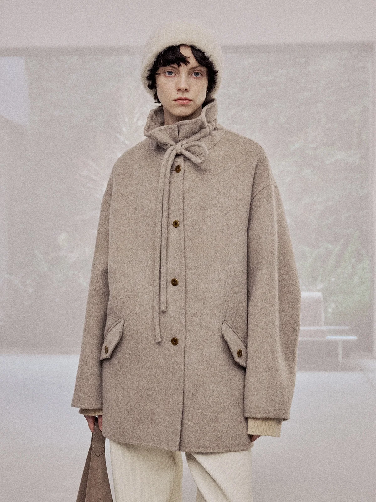 

Двустороннее шерстяное пальто женское с воротником-стойкой и завязками, осенне-зимнее, свободного кроя, для повседневной носки, однотонное, с длинными рукавами