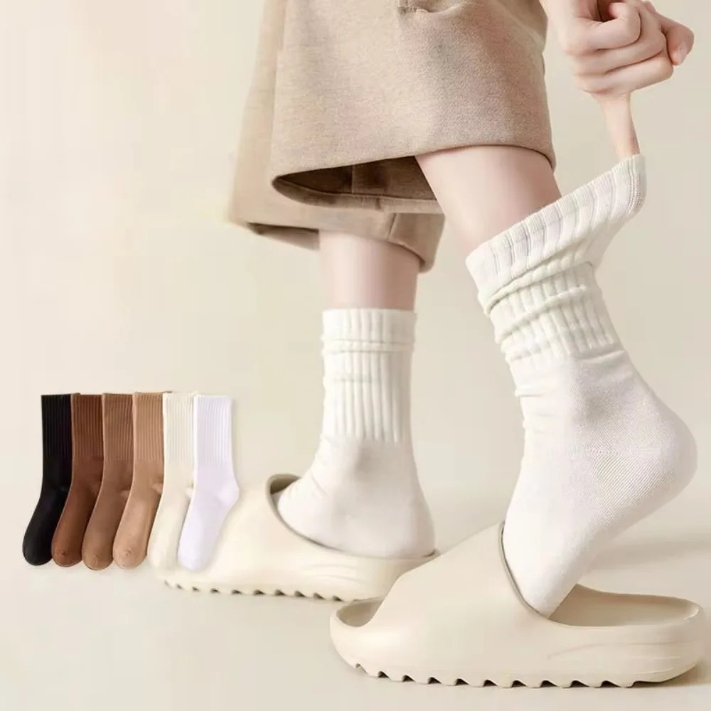 

6 pairs Casual Loose Crochet Knitted Long Socks Cotton Warm Cuffs Ruffles Socks Elastic Solid Color Middle Tube Socks Lolita