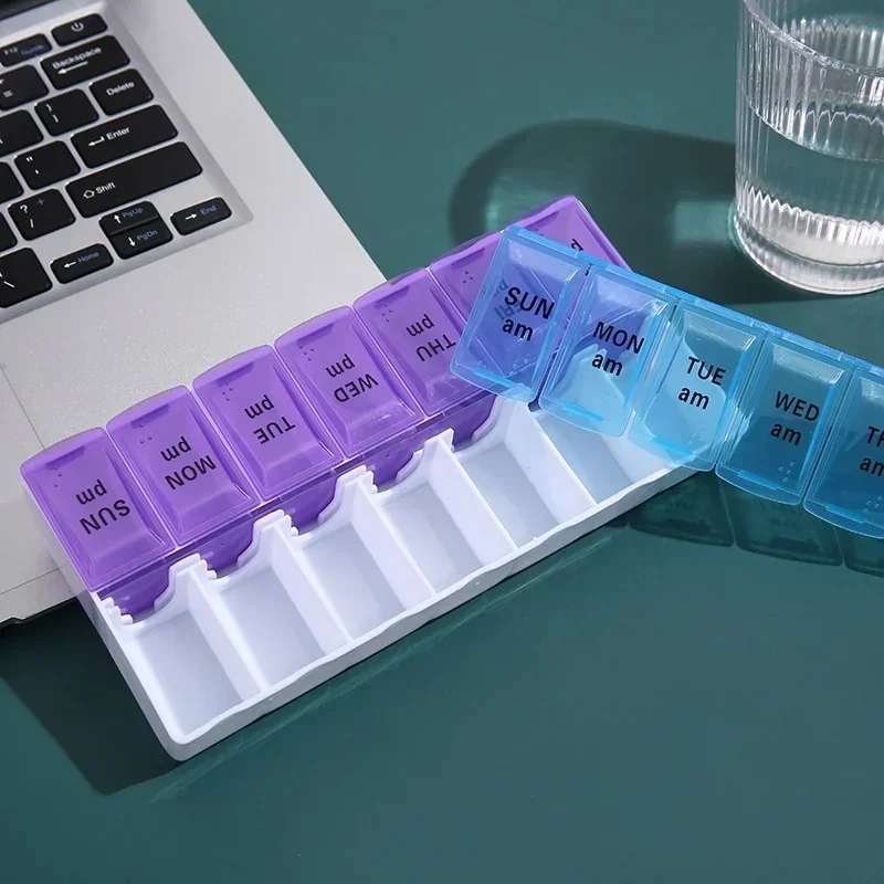 Portable Braille Dual Color Medicine Packaging Box 7 Days A Week 14 Grid Plastic Anti Drop Box in The Morning and Evening