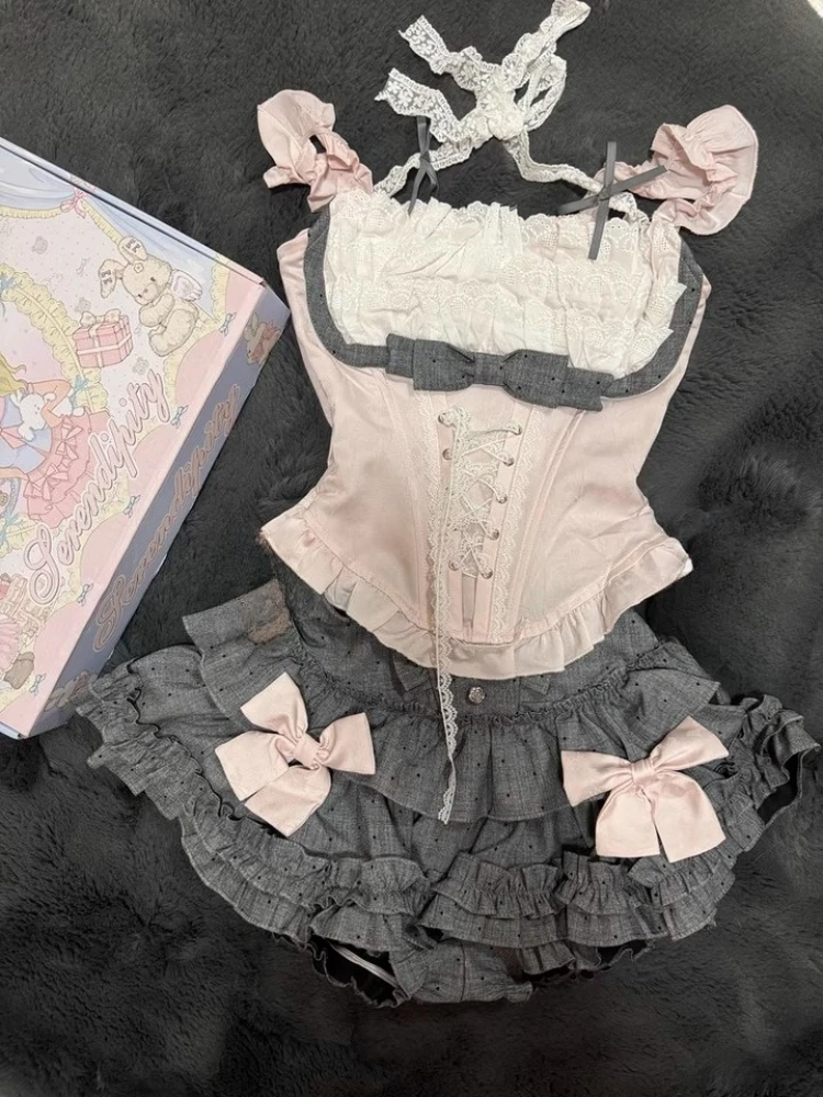 

Japanese Sweet Lolita Elegant 2 Piece Sets Women Y2k Cute Design Mini Skirt Suit Female Princess Chic Korean Popular Clothes New