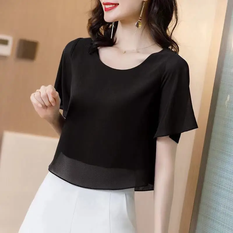 Women's Solid Color Short Sleeve Chiffon Shirt 2024 Summer Fashionable Commute Spliced Fake Two Pieces Loose Round Neck Blouses