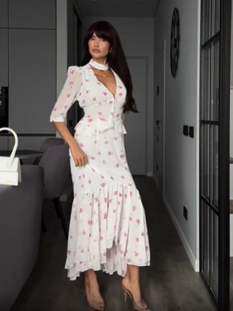 Women White Pink Floral Choker Neck Midi Dress Elegant V-neck 3/4 Sleeve Peplum Ruffle Hem Cusual Dress Fitted Cocktail Dresses view 5