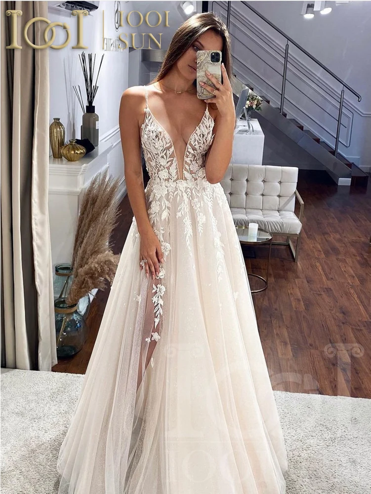 IOOISUN Spaghetti Strap Deep V Neck Wedding Dress For Bride Lace Appliques Sparkly Tulle Backless Bridal Gowns Customized