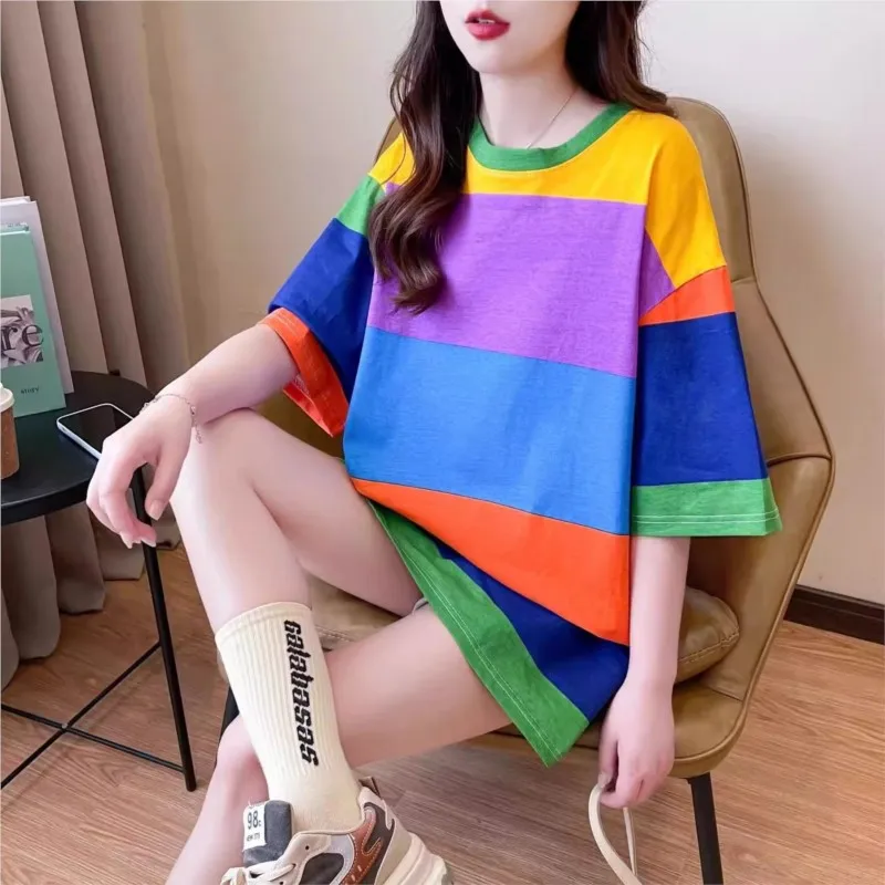 Korean Rainbow Stripes Printed T-shirt Women O-Neck All-match oversized t shirt Fashion Loose Tops Short Sleeve t shirts NS5857