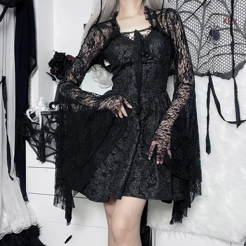 Dámské topy s dlouhým rukávem, halenky, košile, top s potiskem, punkový kardigan, krajka, síťovina, crop top, cosplay oblečení, streetwear - náhled 5