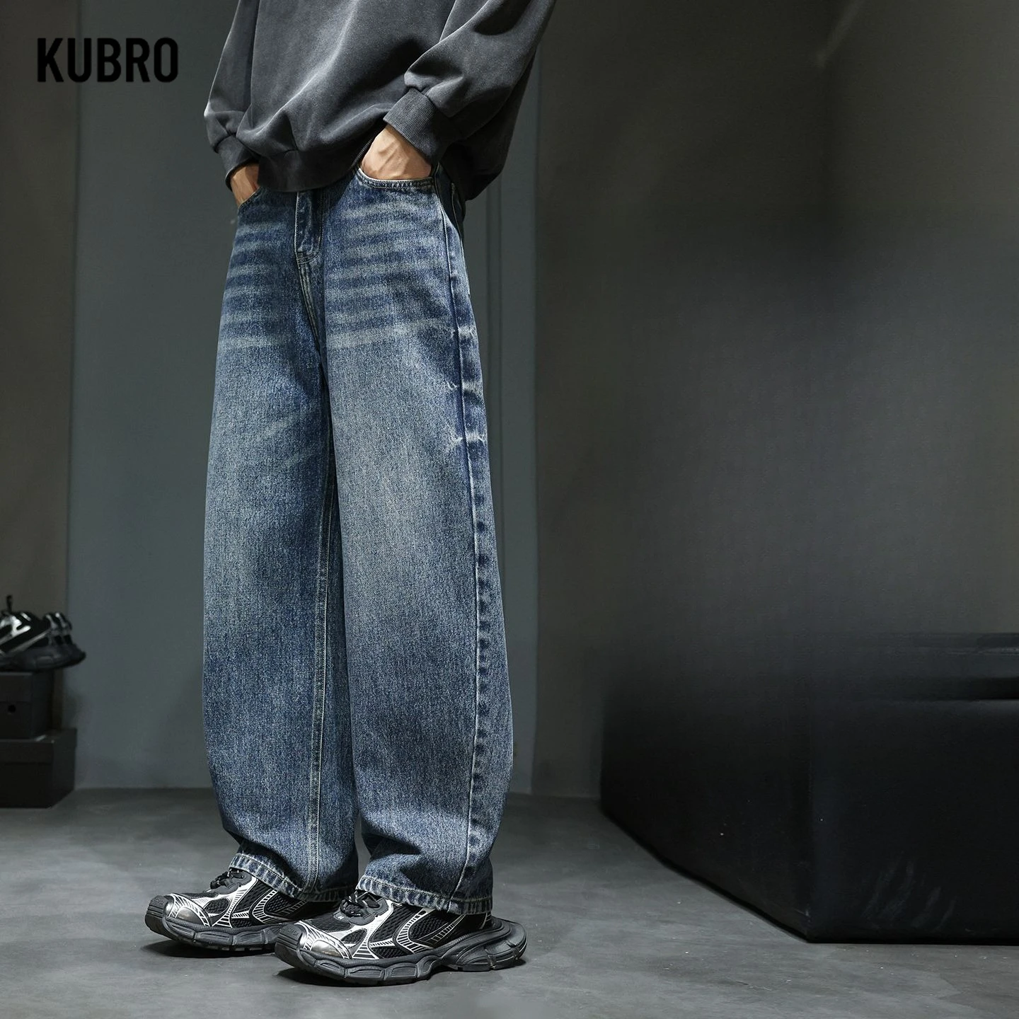 American-style Deconstructed Large Curved Cut Washed Jeans A Men's Trendy Brand Loose Straight-leg Wide-leg Casual Pants Pants