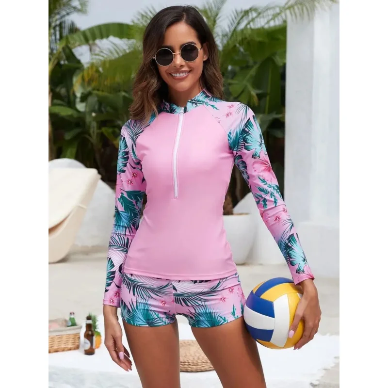

Купальный костюм на молнии с цветочным принтом UPF50 + женский купальник Rash Guard для спорта и серфинга, двухсекционный купальник с длинными рукавами