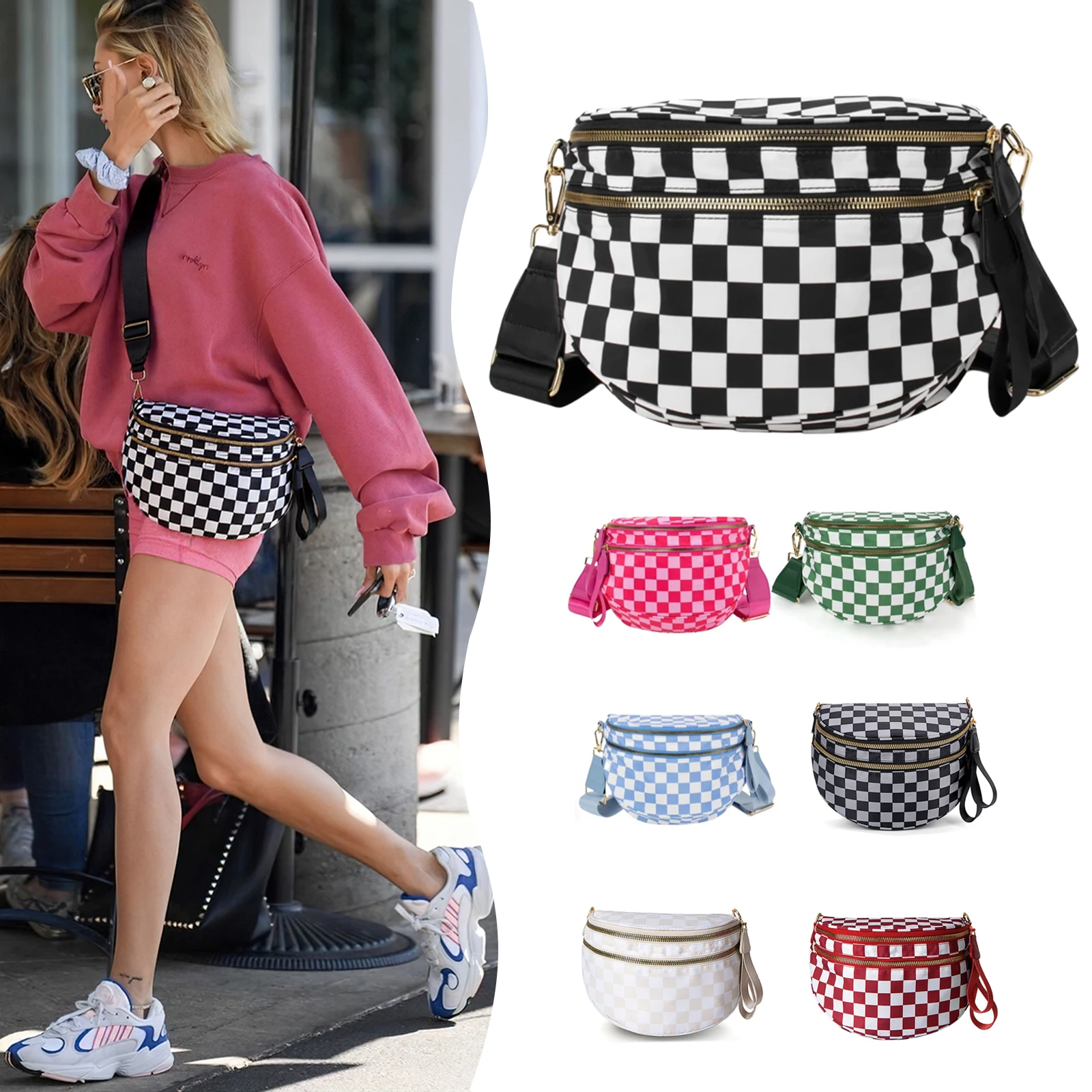 DOYOGI Black and White Checkered Spacious Bum Bag Crossbody Bags for Women Nylon Travel essentials Shoulder Bag Lady Light Bag