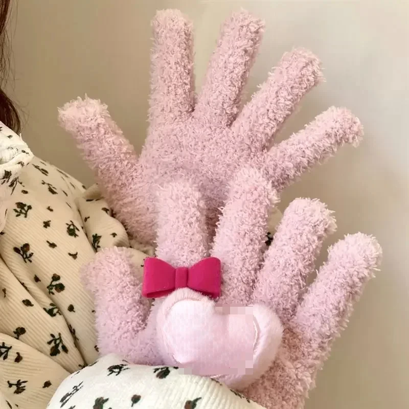 Pink Warm Gloves Plush Pink Love Student Cycling Winter Coral Velvet Gloves Cute Love Butterfly Knot Coral Velvet Gloves