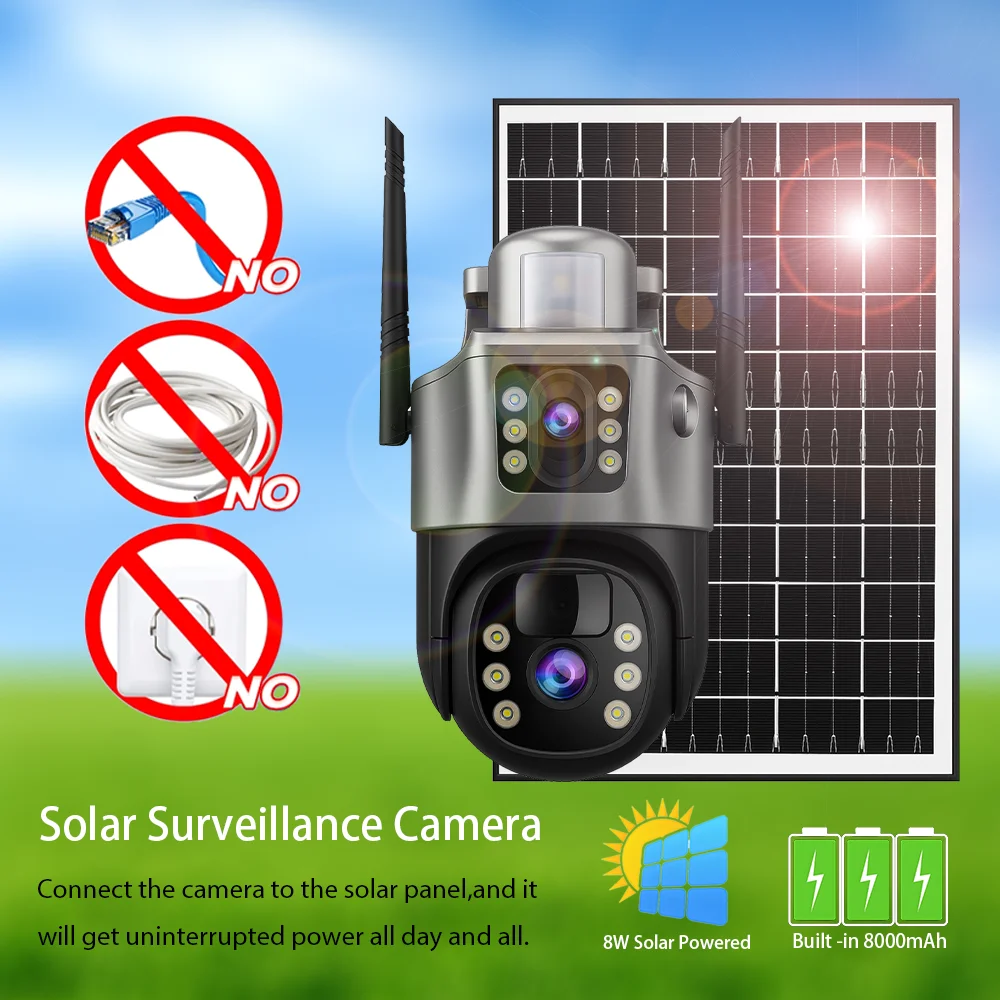 V380 Solar Built-in Battery Surveillance Camera Outdoor Waterproof IP66 8MP 4K Dual Lens Wireless IP Security CCTV Camera