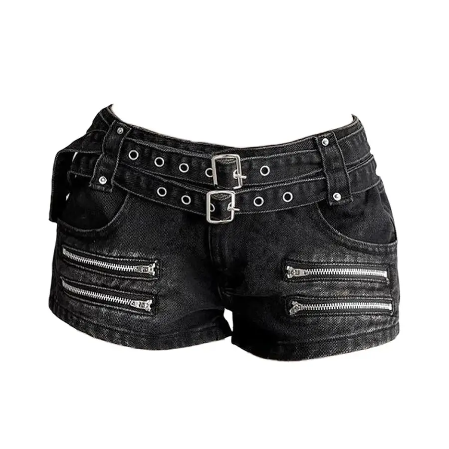 Women's Black Gothic Zipper Cargo Denim Shorts Y2K Harajuku High Street Aesthetic Sexy 2000S Style Vintage Denim Shorts Clothing