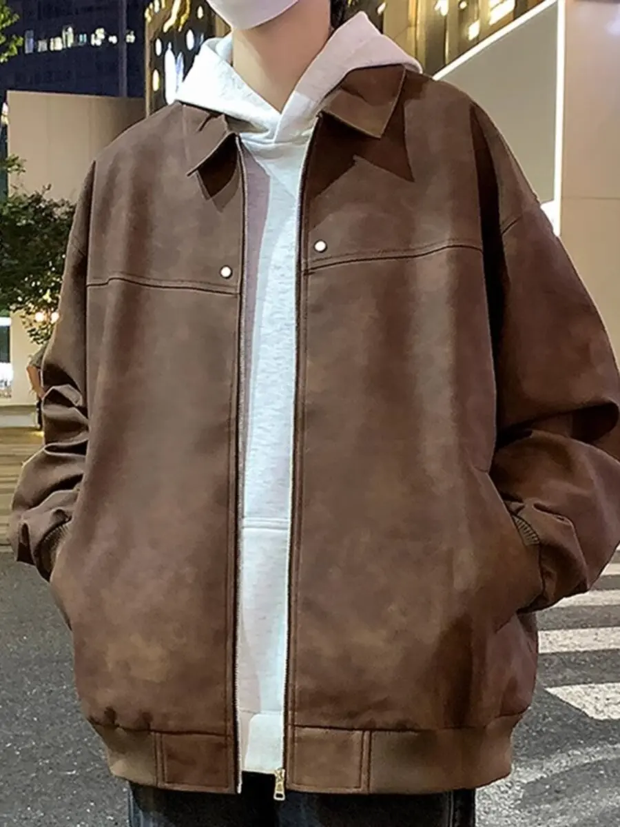 

Ретро-американская модная мужская мотоциклетная куртка из замши на осень-зиму, свободного кроя, молодежная, с прямым подолом, на молнии, длинная