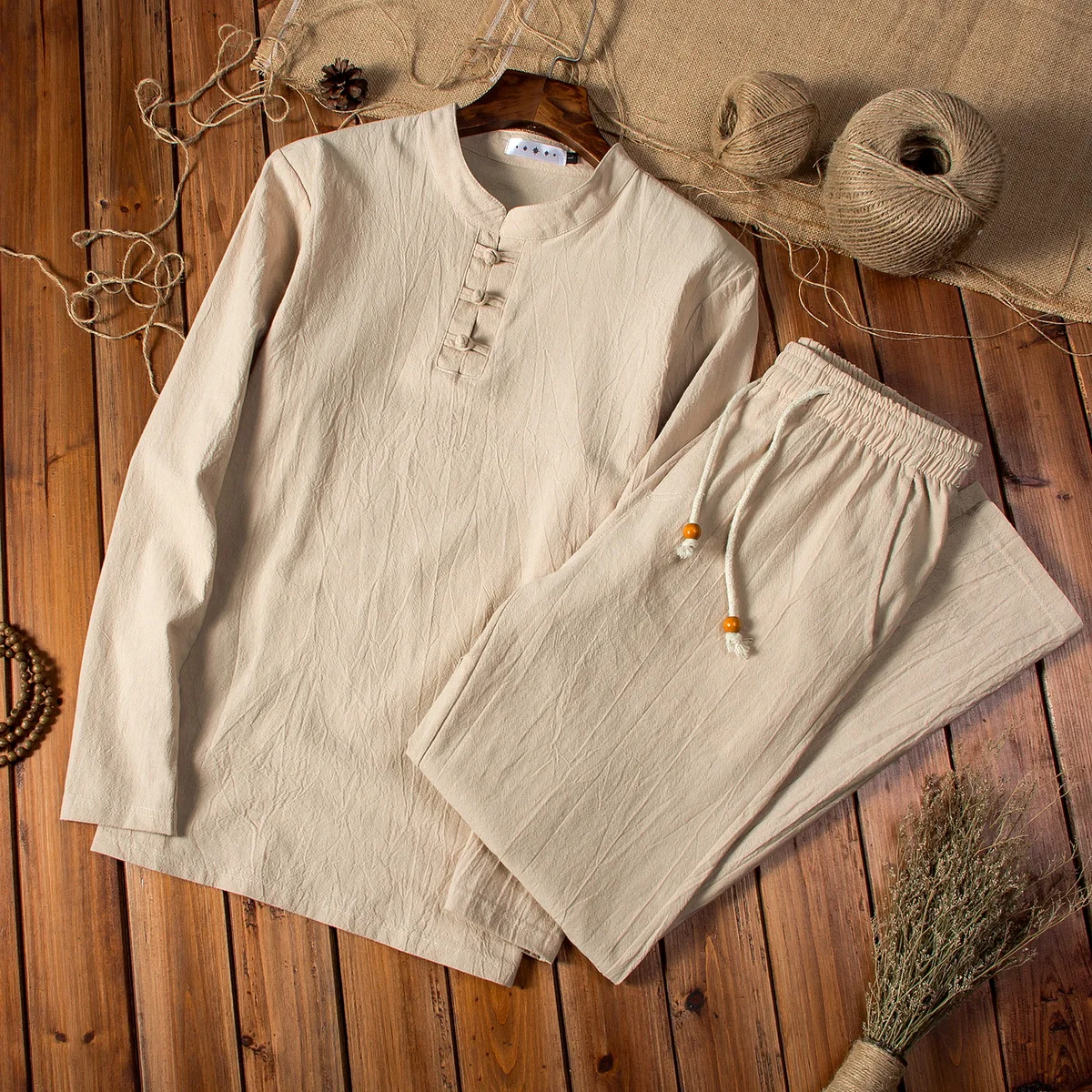 2026 (Camisa + pantalones) Camisa de estilo chino para hombre, camisas de algodón y lino, camisas informales para hombre, conjunto de ropa talla M-5XL
