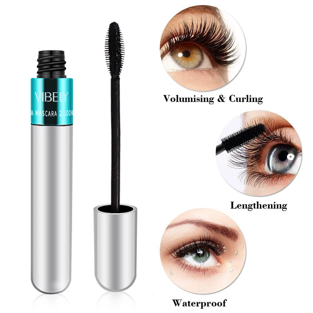 2In1 Super Lashes Mascara 4D Black Waterproof Silk Fiber Long Curling Eyelash Lengthens Sexy Eyes Makeup Cosmetics Silver Tube