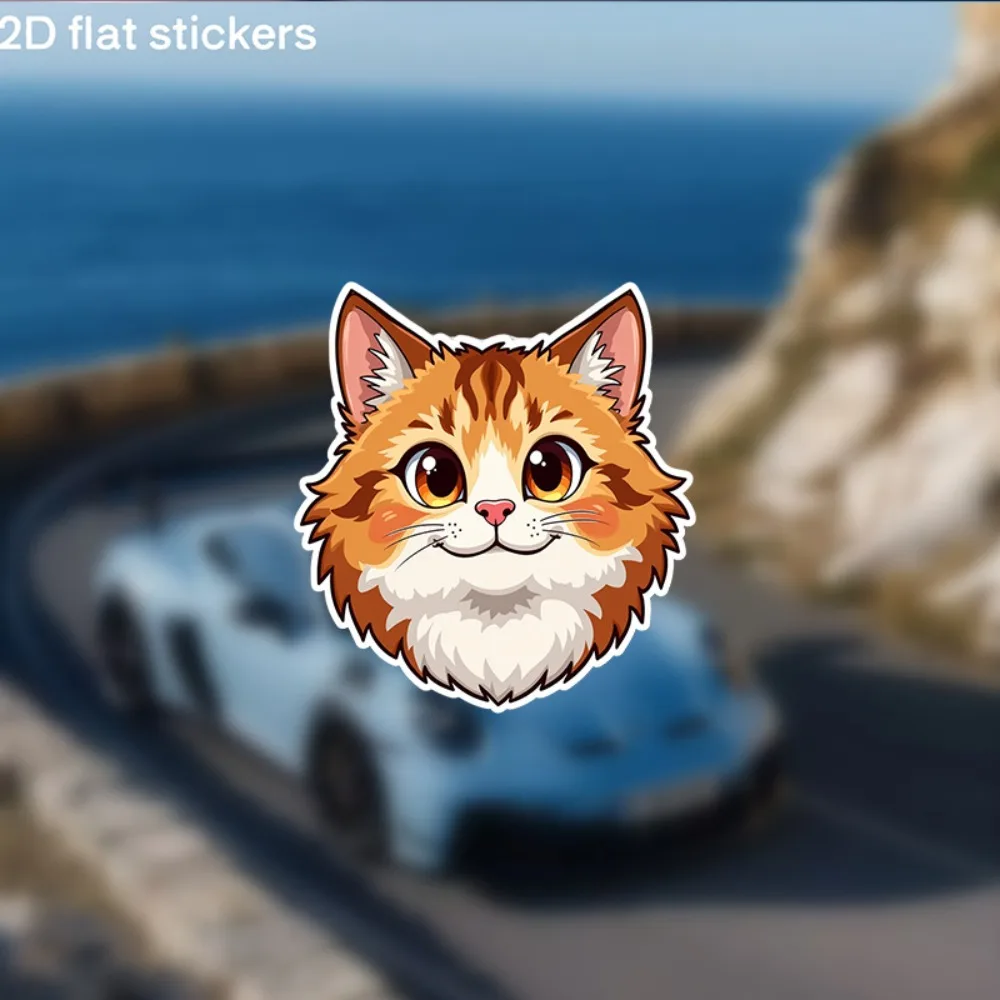 

Cute Orange Tabby Stickers Glossy Self Adhesive Plastic Decals with Expressive Eyes & Fluffy Ears Durable Rectangular Anime