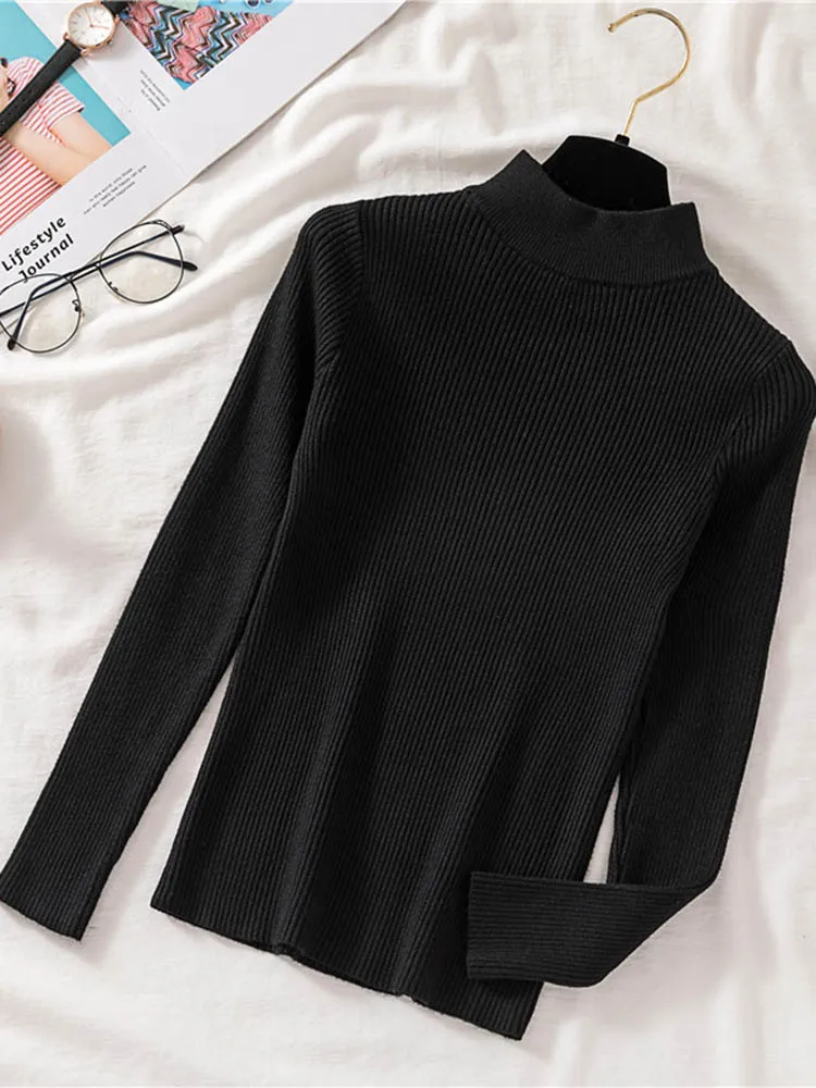 Zoki Autumn Women Pullover Sweater Half Turtleneck Long Sleeve Knitted Jumper Winter Elastic Solid Basic Ladies Blouse New