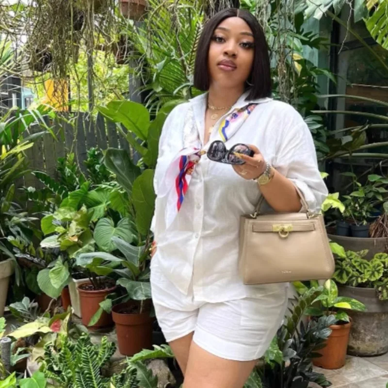 Plus Size African Women's Casual 2 Piece Set Summer Loose Long Sleeve Shirt and Elastic Waist Shorts Loungewear Streetwear