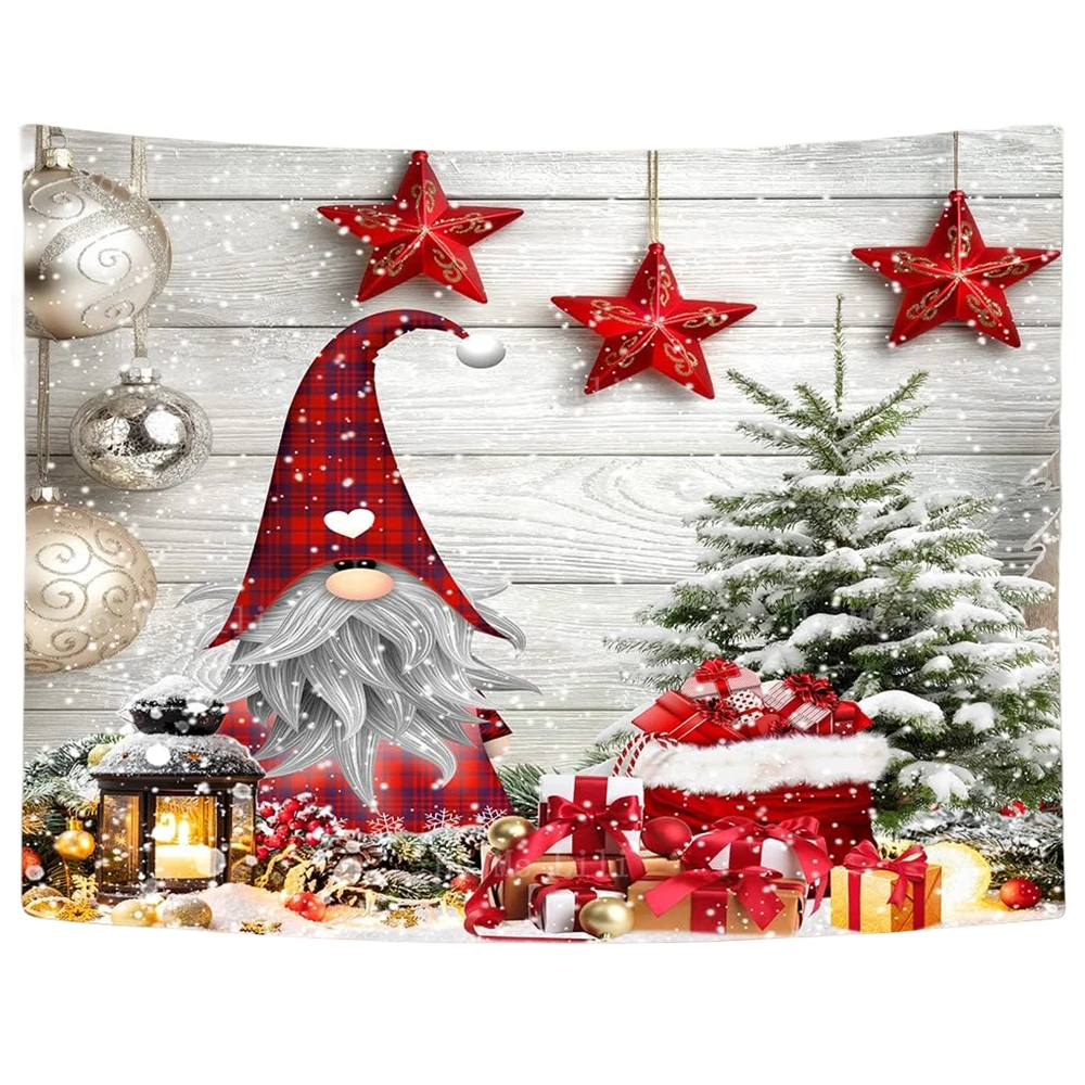 Santa Claus Starry Sky Sleigh Gnome Christmas Tree With Gift Box Ball On Rustic Wooden Reindeer Snow Mountains Tapestry