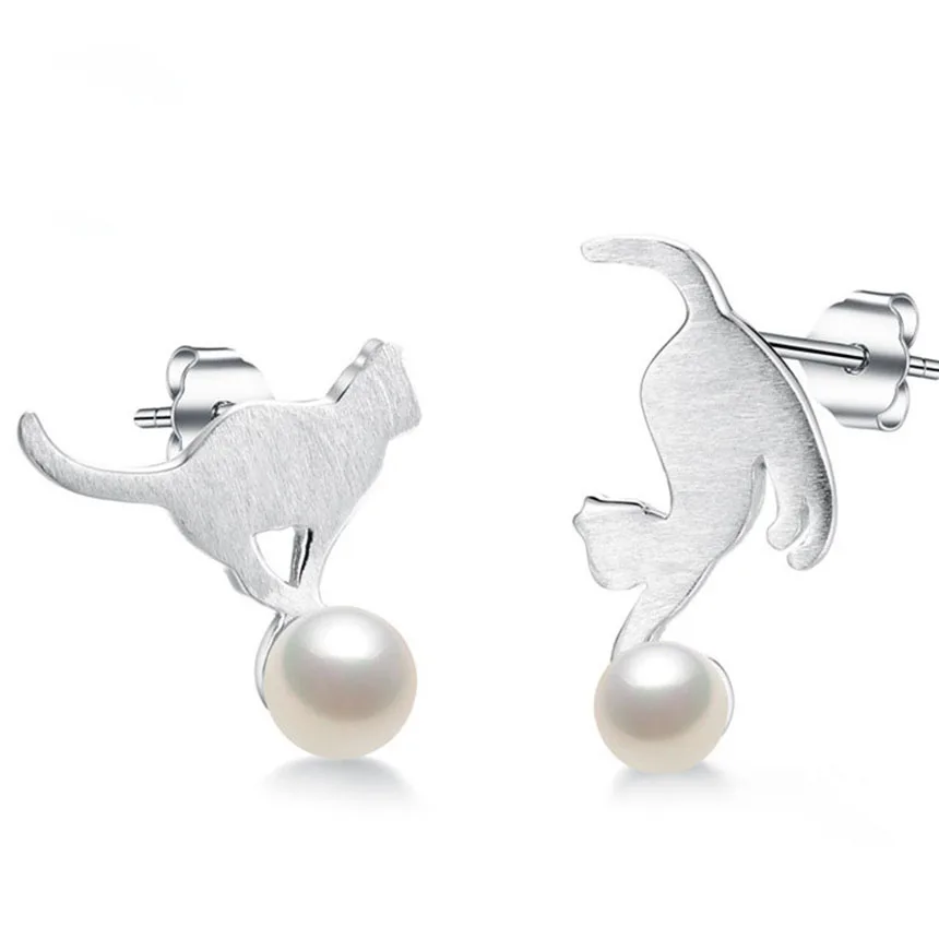 

925 Sterling Silver Stud Earrings Cute Animal Cat Pearl Piercing Earring for Women Girls Wedding Party Fashion Jewelry Gift