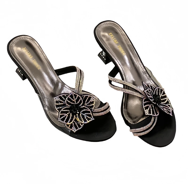

Gold Kitten Heels Slippers Woman Embroidered Flower Black Sandals Low Heels Summer Shoes Comforts Slippers For Ladies Black