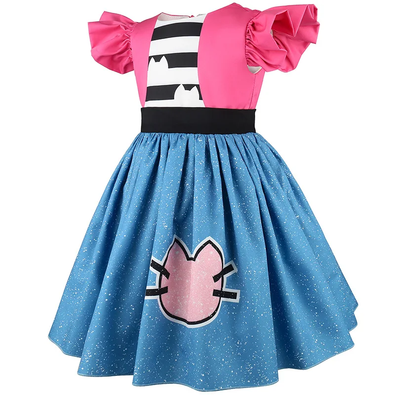 Kids Gabby Inspired Princess Dress with Cat Ear Headband Sparkly Cat Print Party Gown Girls Birthday Party Fancy Dress