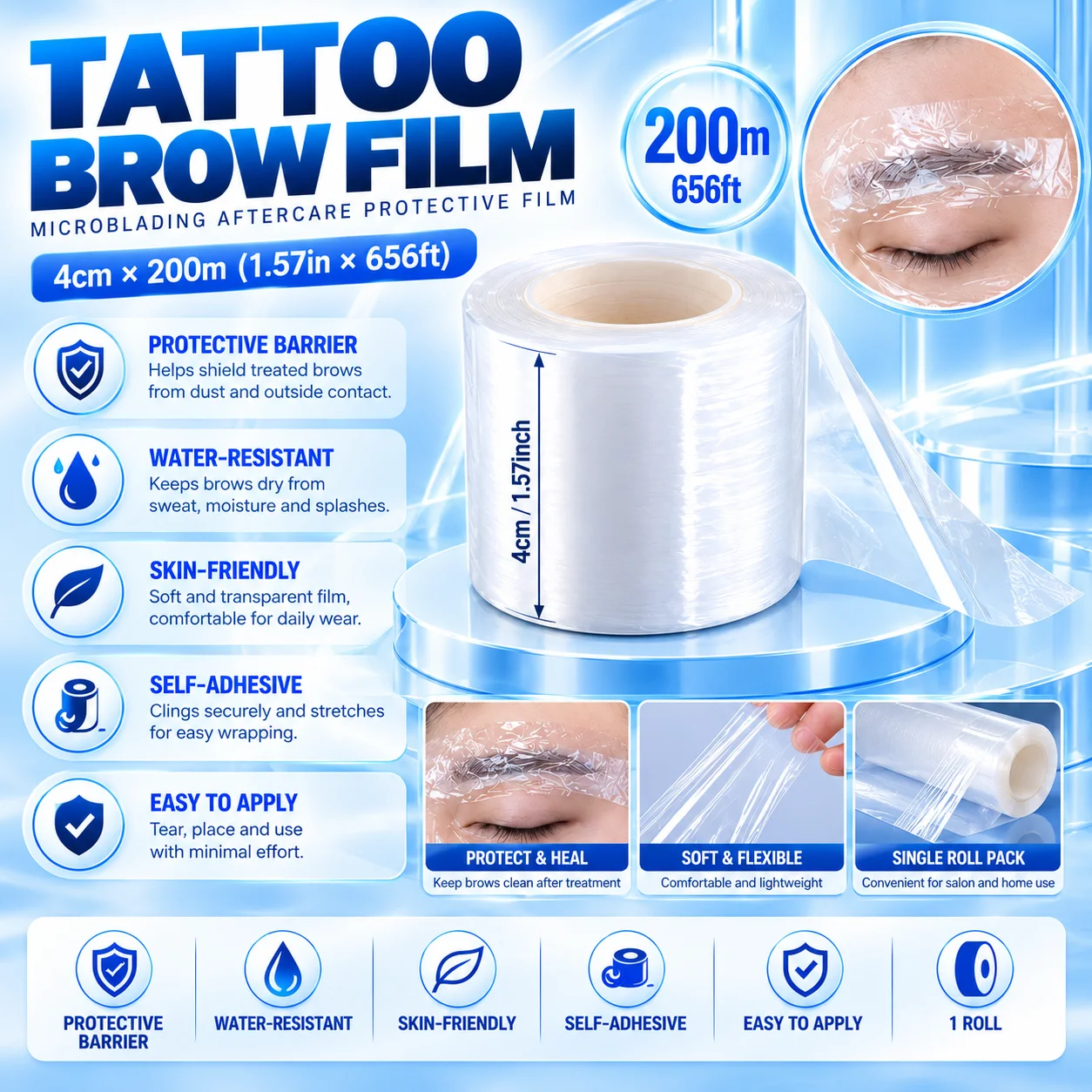 Audersigt 4cm x 200m Tattoo Film Wrap Transparent Protective Film for Eyebrow Lip Microblading PMU Makeup