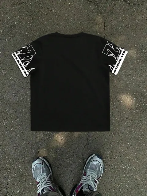 Men's Summer Casual Breathable Round Neck T-shirt Flame Color blocked Los Angeles Letter 77 Printed Outdoor Street Top 2
