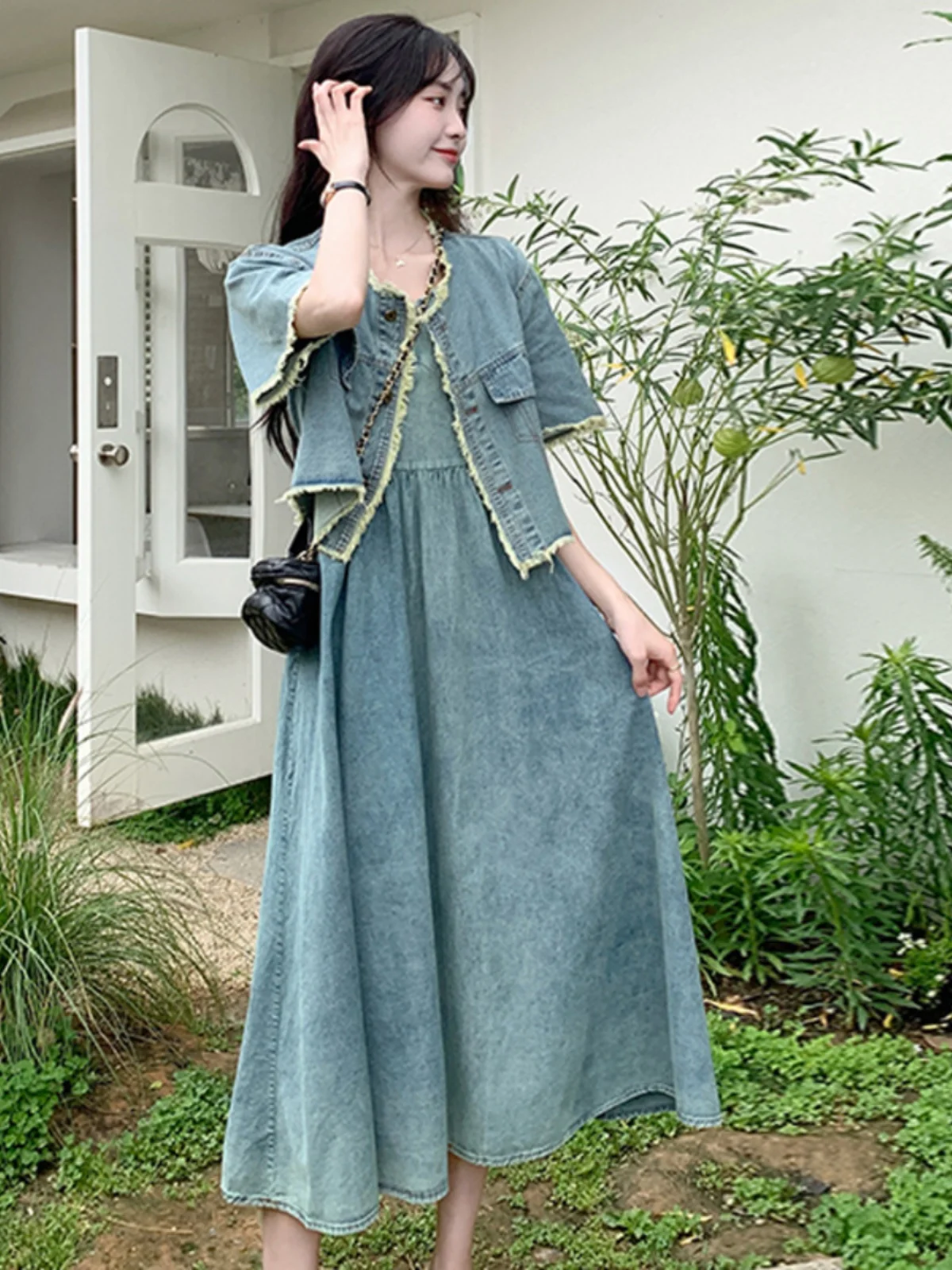 

Летний джинсовый комплект для женщин больших размеров: платье с завышенной талией, утягивающее фигуру, с коротким рукавом, в корейском стиле, для повседневной носки, с длинной юбкой