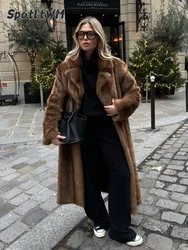 Cappotto lungo da donna in pelliccia sintetica marrone spessa un bottone in pile caldo lungo Trench invernale soffice peluche 2024 New Street capispalla