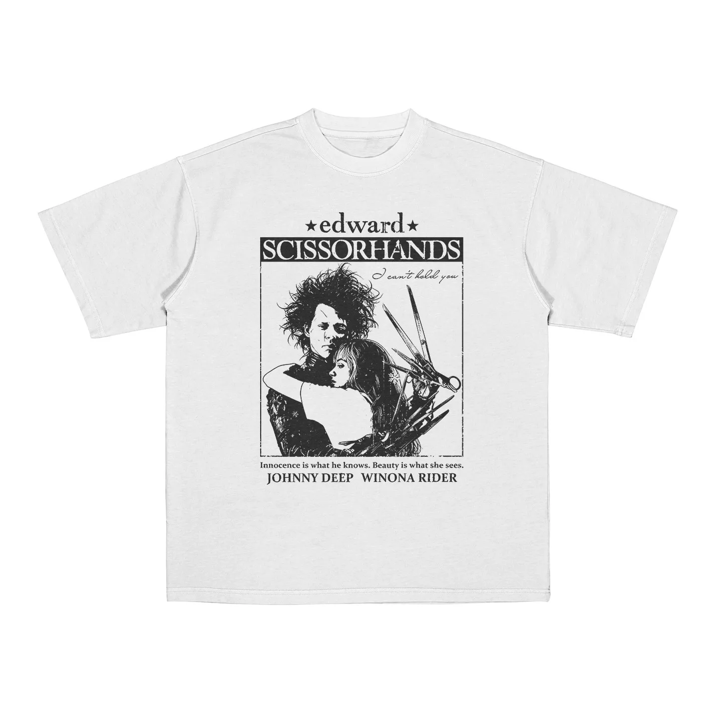 Vintage Bootleg Edward Scissorhands Tim Burton Classic Fantasy Romantic Movie T-shirt Unisex Oversized 100% Cotton White Short Sleeve Tee Retro Black White Sketch Couple Portrait Box Frame Distressed Graphic Streetwear Tops S-3XL Gift For Johnny Depp Film