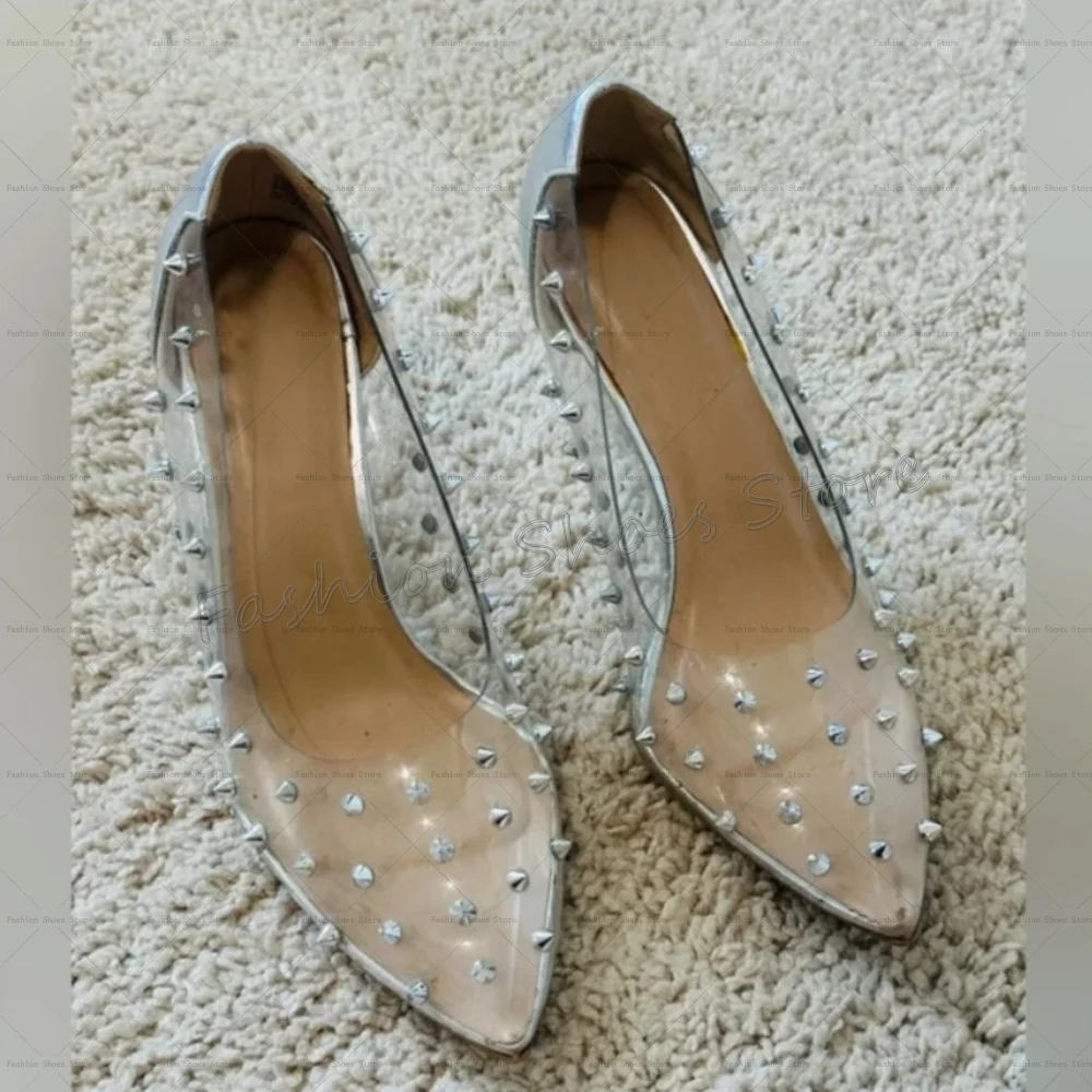 Silver Rivet Decor Pointed Toe PVC ปั๊มรองเท้าส้นสูงรองเท้าส้นสูงรองเท้าส้นสูงรองเท้าผู้หญิงรองเท้าส้นสูงเซ็กซี่ 2025 ใหม่ Zapatos Para Mujere