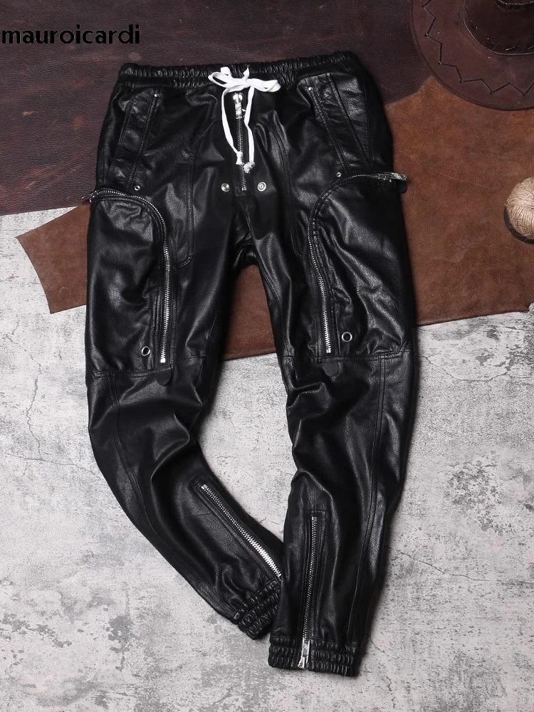 

Mauroicardi Autumn Cool Black Pu Leather Pants for Men with Many Zippers and Elastic Waist Jogging Luxury Designer Clothes 2024