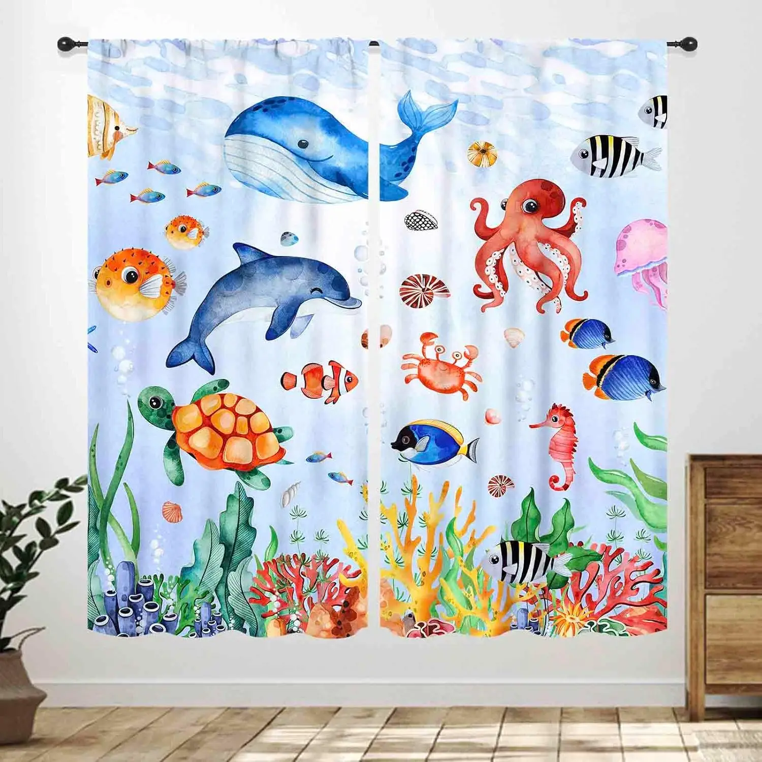 Cortinas Infantiles con Diseño de Ballenas, Dibujos Animados de Peces del Océano, Tiburones, Peces Tropicales Submarinos, Corales, Animales Coloridos, para Ventanas, 2 Paneles