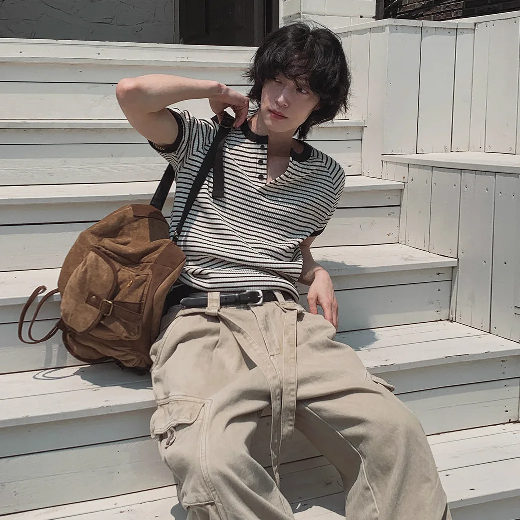 Japanese Korean Style Summer New Fashion Men Color-coded Striped Simple Daily Short Sleeve Henry Collar T-shirts Male Clothes