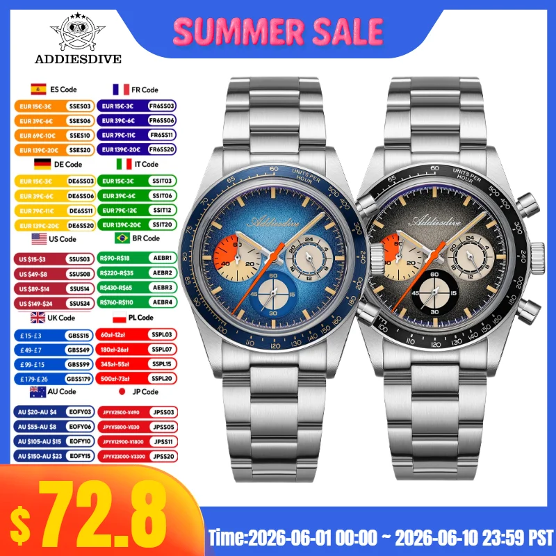 

ADDIESDIVE Hot Sale 10Bar Waterproof Men's Watch C3 Super Luminous AD2551 0S20 Movement 316L Stainless Steel Chronograph Watch