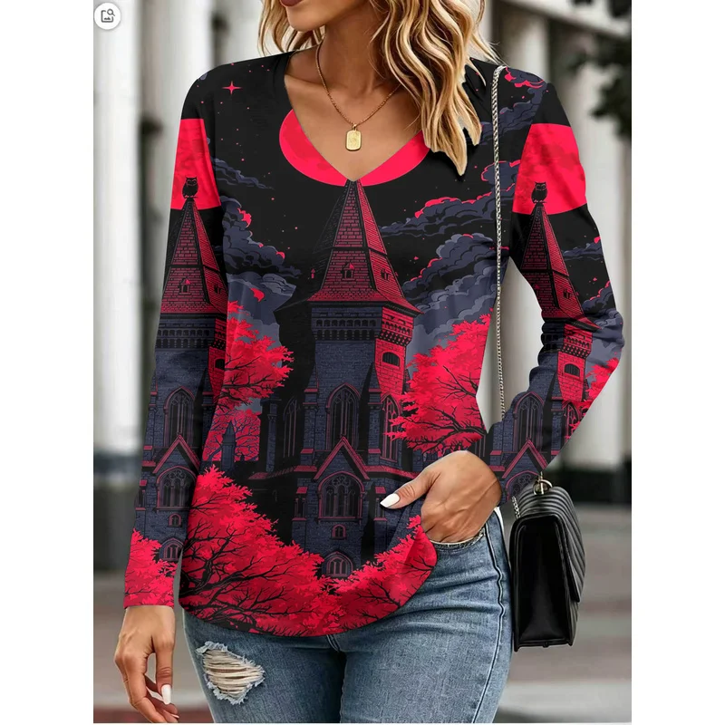Halloween Women's CollectionVCollared long-sleeve printed shirtTCasual tops for everyday workwear and leisure wear