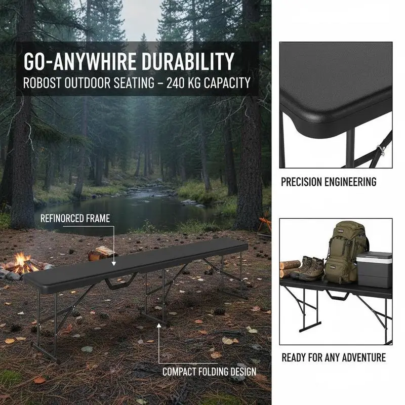 Camping bench, plastic outdoor bench, 240 kg load capacity, black