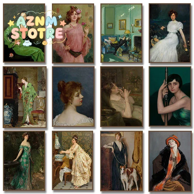 (No frame)Renaissance Women Portrait Poster Vintage Victorian Feminine Smoking Canvas Painting Fashion Wall Art Living Room H