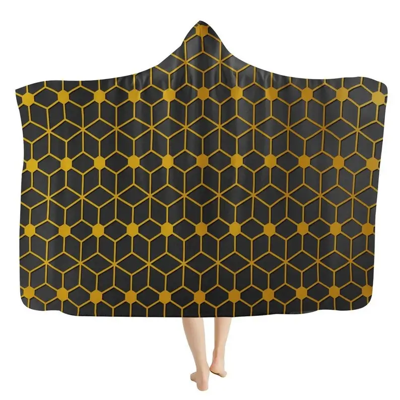 Gold Geometric Cubic Hooded Blanket - Decorative Geometrical Blanket Hoodie, Snuggle Blanket, Cloak Blanket Cape, Kids Wearable