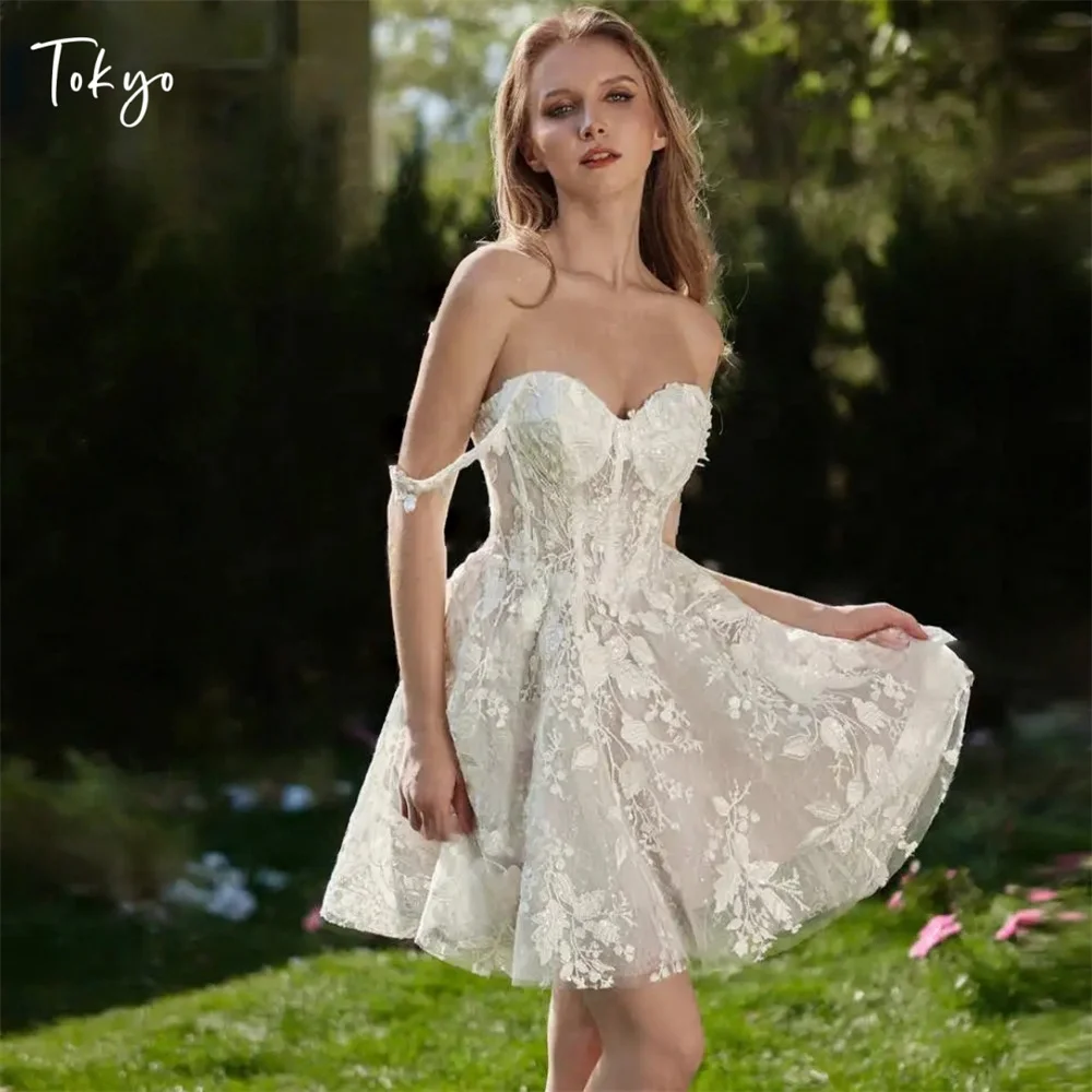 Tokyo Strapless Floral Lace Applique Short Wedding Dress Corset Flower Bridal Gown for Bride Reception Cocktail Party Mini Dress
