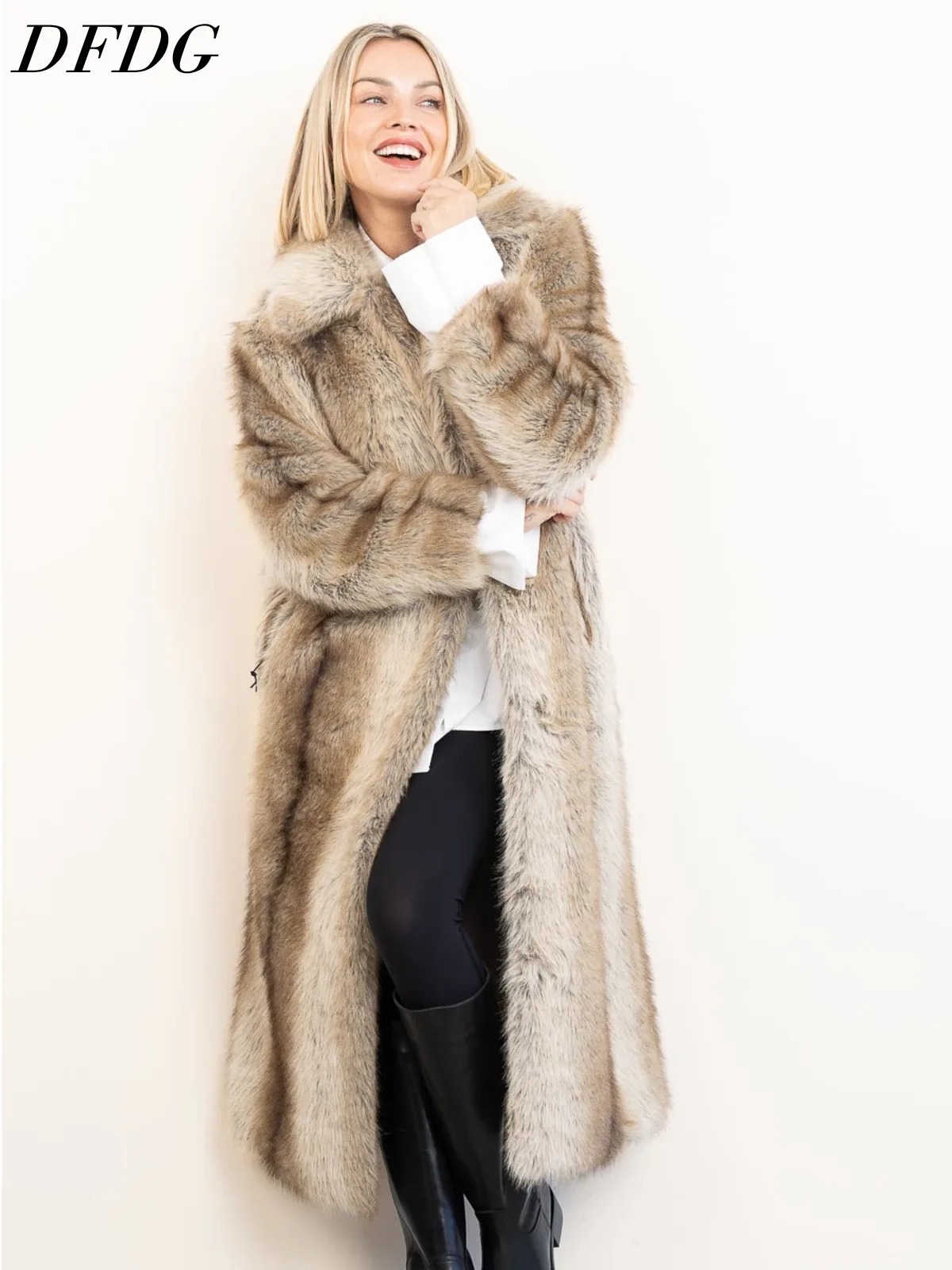 DFDG Women 2026 Lapel Collar Long Faux Fur Coat Full Length Fluffy Plush Warm Winter Luxury Evening Street Outerwear Jacket