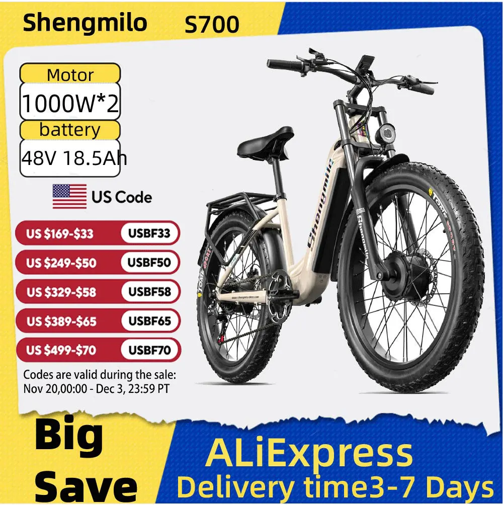 

Shengmilo S700 Adult E-bike 1000W*2 Men's E-Mountain ebike with Two Motor, 48V18.5AH Battery Electric,26" Fat Tire Electric Bike