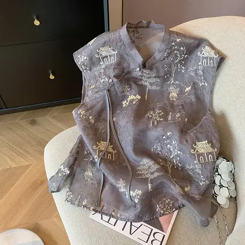 레트로 헤비 자수 조끼, 대각선 버클, 민소매 여성 카디건, 민족 스타일, 기질 선 의류, 2024 신상 중국 스타일