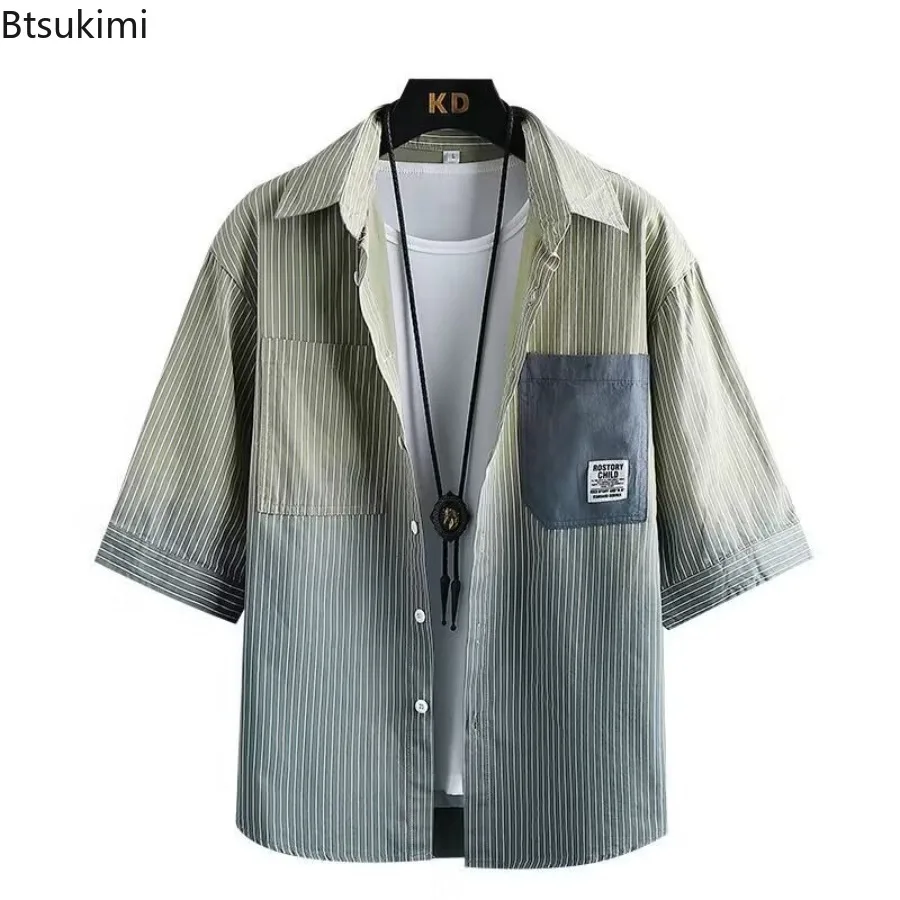 New 2025 Summer Men's Fashion Striped Color Blocked Line Shirt Male Clothing Short Sleeve Daily Casual and Loose Shirt for Men