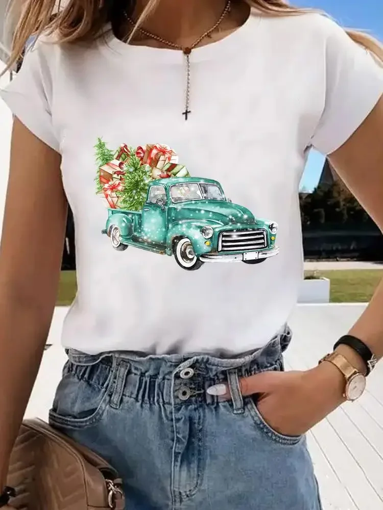 Print Women Tee Truck Tree Style Cute Christmas Holiday Top Fashion Lady New Year Shirt Clothing Clothes Graphic T-shirts