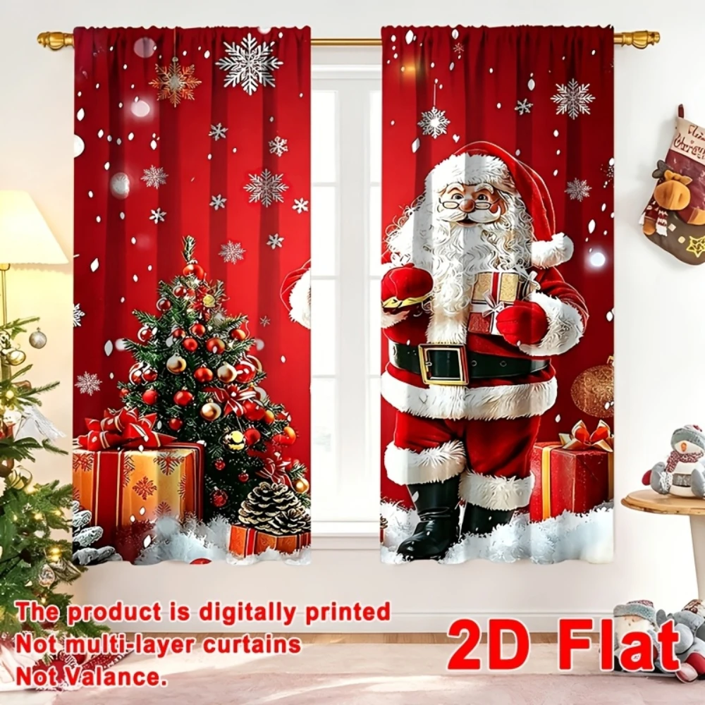 2PCS Christmas Curtains, Santa Claus Christmas Tree Gift Bag Pattern Printed Curtains, Cartoon Style Window Decoration