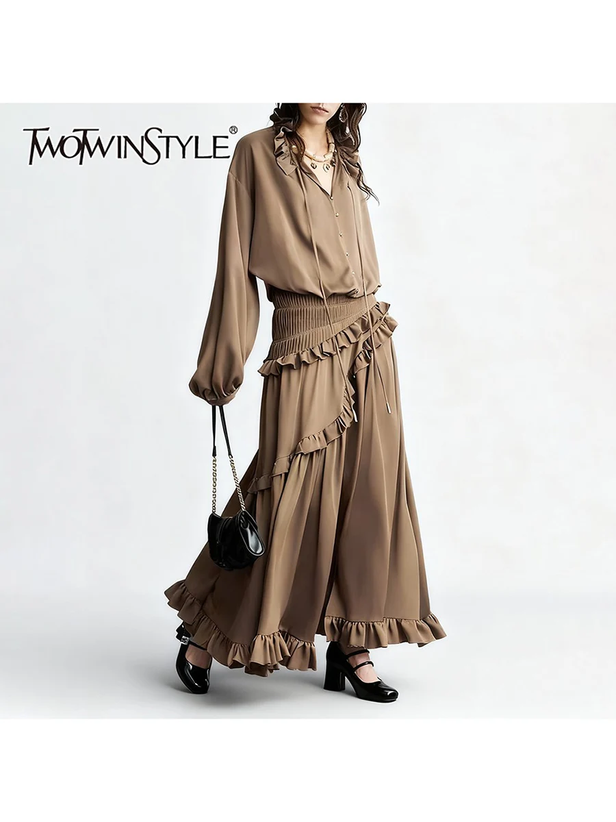 TWOTWINSTYLE Vintage Loose Spliced Ruffles Folds Dresses for Women V Neck Long Sleeves Tunic Patchwork Lace Up Dress Female New