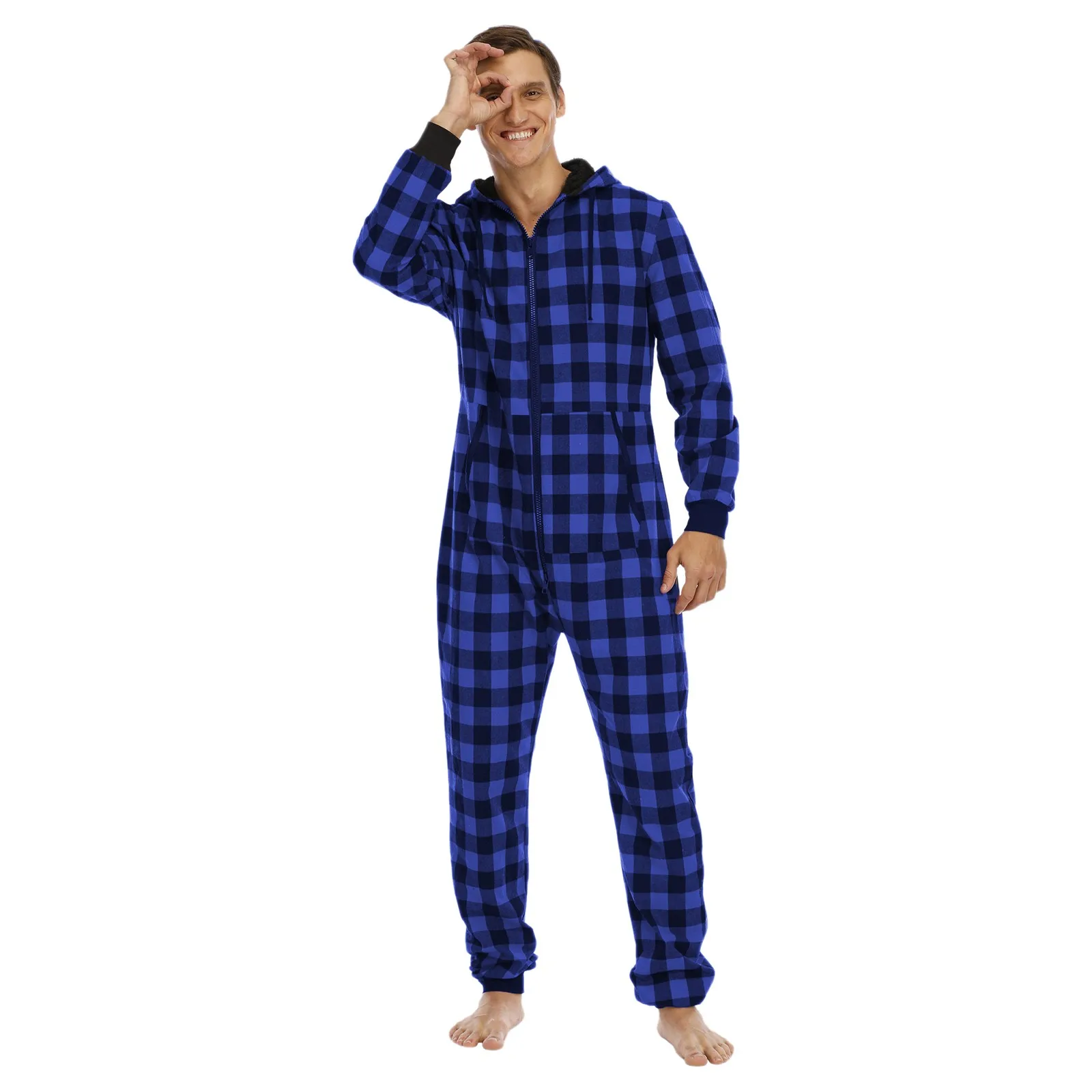 Mens Onesie Jumpsuit Pajamas Long Sleeve Vintage Plaid Jumpsuit Autumn Winter Hoodie Male Zipper Playsuit Male Romper Sleepwear