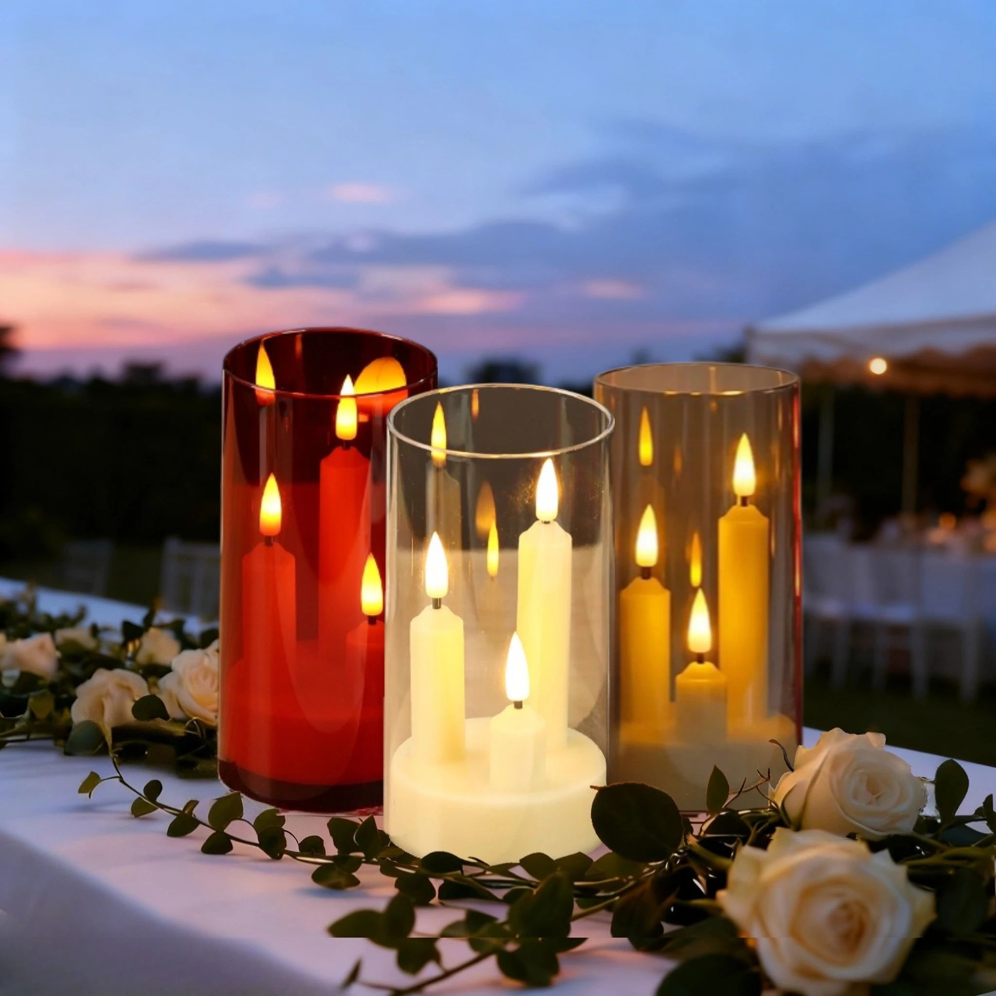 3 في 1 عديمة اللهب تفتق الشموع بطارية تعمل LED الاكريليك رمادي عمود الخفقان ضوء دافئ الإلكترونية Tealight ديكور للطاولات #1